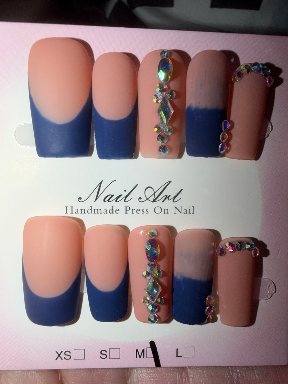 Handmade Press-On Nails in Peach and Navy with Rhinestones